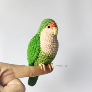 Puede incluir: Un loro de crochet verde y crema con detalles naranja y amarillo. El loro está posado en un dedo.