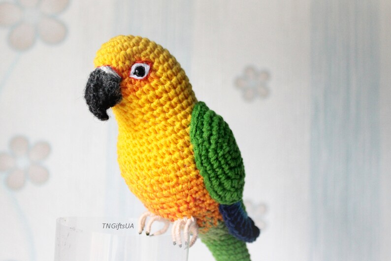Plush Sun Jenday conure Yellow Crochet parrot toy sculpture | Etsy