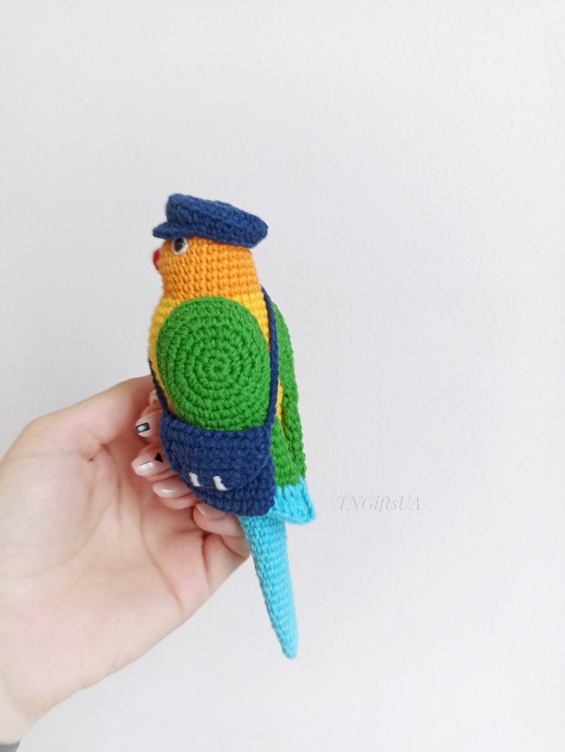 Crochet colorful Conure bird Stuffed animal themed toy bird messanger Amigurumi toy postman Parakeet toy gift for mother Plush Memorial image 3
