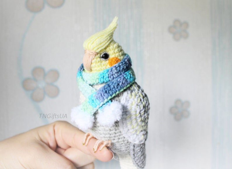 Crochet custom Pearl Cockatiel parrot ornament Plush bird Amigurumi toy Personalized gift Pet loss Stuffed animal Sculpture image 9