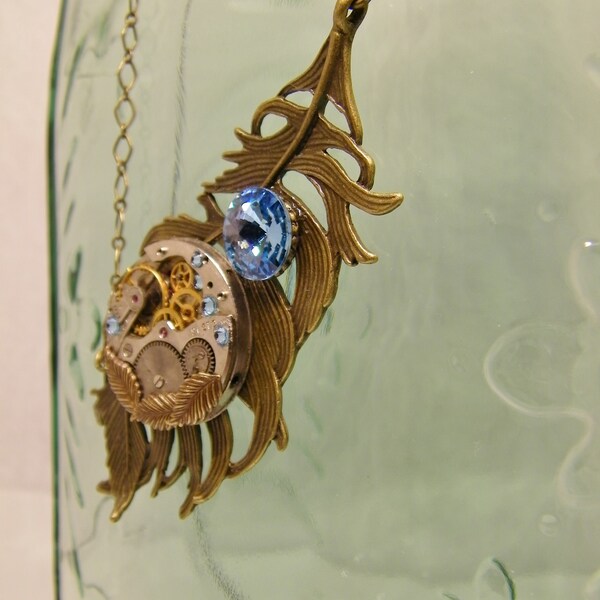 Steampunk Bijoux Dream Time Montre Gears Steampunk Aqua Marine Swarovski Cristal Asymétrique Pendentif Collier