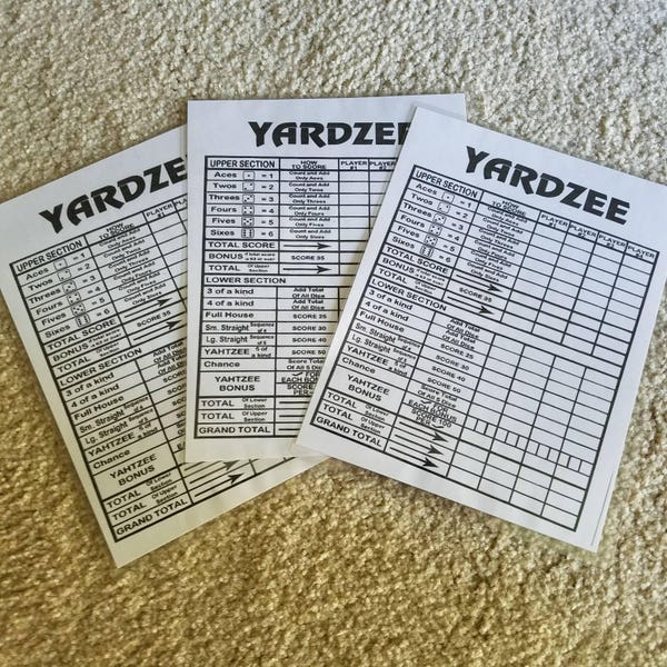 Dry Erase Yardzee Laminated Score Cards