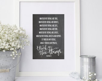 Think on These Things 8x10 Chalkboard Printable KJV Philippians 4:8 Bible Verse Scripture Print PDF & JPG