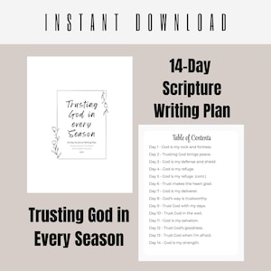 Op de afbeelding: Een digitale download getiteld "Trusting God in Every Season" met een 14-daagse Schriftuur Schrijfplan. De afbeelding bevat een omslag en een inhoudsopgave met dagelijkse schriftuurlijke thema's. De tekst is zwart.