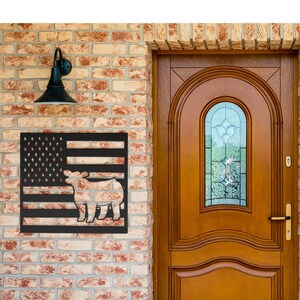 Livestock Show Heifer USA Flag Metal Art - 18 Guage Plasma Cut Steel - Powder Coated Weatherproof