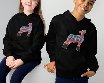 Pink, Blue, and Green Aztec Kids Youth Fleece Hoodie - Livestock Show Lamb - Show Sheep