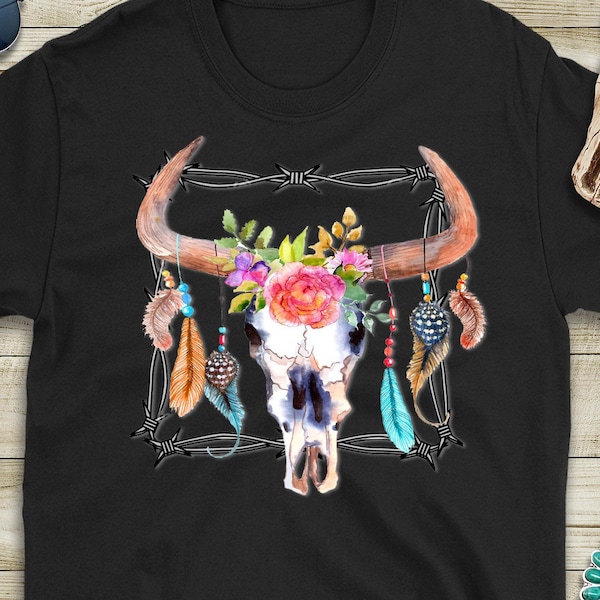 Gypsy Soul Boho Cow Skull | Small - 3XL  Unisex | Hippie Shirt | Livestock Show Tee | Gift For Her | Bull Skull Barbed Wire