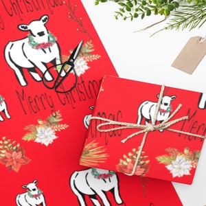 Wrapping Paper | 24 x 60 inch | Merry Christmas Show Heifer With Wreath Wrapping Paper Role | Customized Giftwrap | Livestock Show Cow Paper