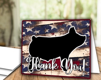 Grunge USA Flag Livestock Show Pig Swine Thank You Card, 4x6 inch Printable, Show Appreciation Cards, Buyer&#39;s Thank You Cards