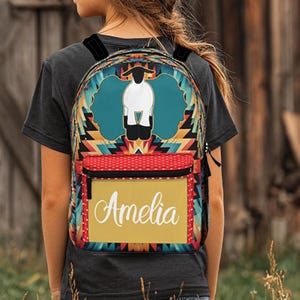 Sac à dos avec agneau pour exposition d'animaux - Cartable personnalisé - Sac à dos pour la rentrée - Sac à motif aztèque et pois