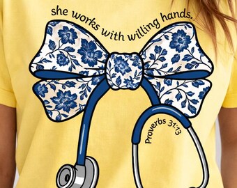 Christian Nurse Shirt | Proverbs 31:13 Floral Stethoscope Tee | Faith Healthcare Apparel