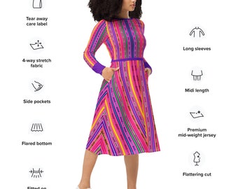 Aztec Serape Striped All-over Print Long-sleeve Midi Dress, Boho Print, Show Design, Western Wear