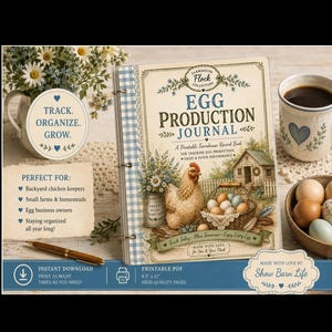 May include: A spiral-bound Egg Production Journal with a farmhouse-style cover featuring a chicken, a basket of eggs, and a coop. The cover includes the text Farmhouse Flock Collection, Egg Production Journal, and Track Today, Plan Tomorrow.