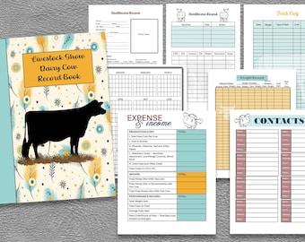 May include: A dairy cow record book with a black cow silhouette on the cover. The cover has a light blue spine and a patterned design with feathers. Inside are various record sheets for healthcare, feed, and expenses.