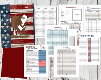 Könnte beinhalten: Druckbare Rinderhaltungsformulare mit einem rot-weiß-blauen amerikanischen Flaggenhintergrund. Die Formulare umfassen Abschnitte für Ausgaben und Einnahmen, Gesundheitsakten, Gewichtsaufzeichnungen, Futterprotokoll und Kontakte.