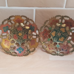 vintage mid century 1950s folk art indian hand painted bonbon dishes lovely pieces decor home brass