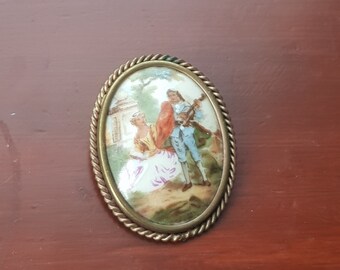 Broche Antique Portrait Miniature - Porcelaine De Limoges, Monture Laiton - Occasion Romantique