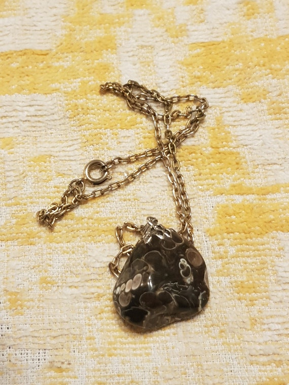 vintage flecked black white agate stone pendant n… - image 1