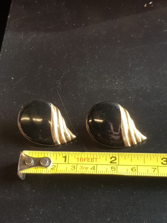 vintage art deco shape earrings pierced gold blac… - image 1