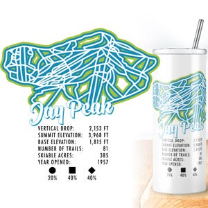 Vaso de esquí personalizado - Mapa de pistas de esquí de Jay Peak - Regalo de esquí - Vaso personalizado de 20 oz con diseño personalizado