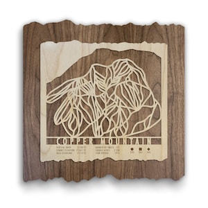 May include: Wooden wall art featuring a laser-cut mountain design with the text "COPPER MOUNTAIN". The artwork includes details like vertical drop, summit elevation, and base elevation, all in feet. The frame is a dark brown color.