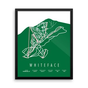 Puede incluir: Una ilustración verde y blanca de la estación de esquí de Whiteface Mountain en Wilmington, Nueva York. La ilustración muestra las pistas de esquí y los remontes. El texto "WHITEFACE" está en la parte inferior de la ilustración. El texto "LOCAN WILMINGTON, NY" está debajo del texto "WHITEFACE". El texto "BASE ELEVATION 1,220 FT" está debajo del texto "LOCAN WILMINGTON, NY". El texto "SUMMIT ELEVATION 4,856 FT" está debajo del texto "BASE ELEVATION 1,220 FT". El texto "VERTICAL DROP 3,166 FT" está debajo del texto "SUMMIT ELEVATION 4,856 FT". El texto "SKIAABLE ACRES 288" está debajo del texto "VERTICAL DROP 3,166 FT". El texto "YEAR OPENED 1958" está debajo del texto "SKIAABLE ACRES 288".