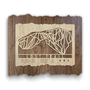 May include: Wooden wall art featuring a ski resort map with the text "LOST TRAIL". The map is light-colored and cut out, set against a dark wood background. Includes details like vertical drop, summit elevation, and base elevation.