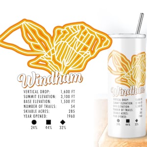 Vaso de esquí personalizado - Mapa de pistas de esquí de Windham, Nueva York - Regalo de esquí - Vaso personalizado de 20 oz con diseño personalizado