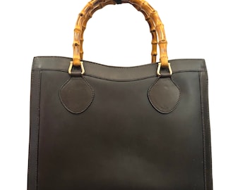 1990s Vintage GUCCI Black Leather Bamboo Tote Diana Tote Bag (Medium)