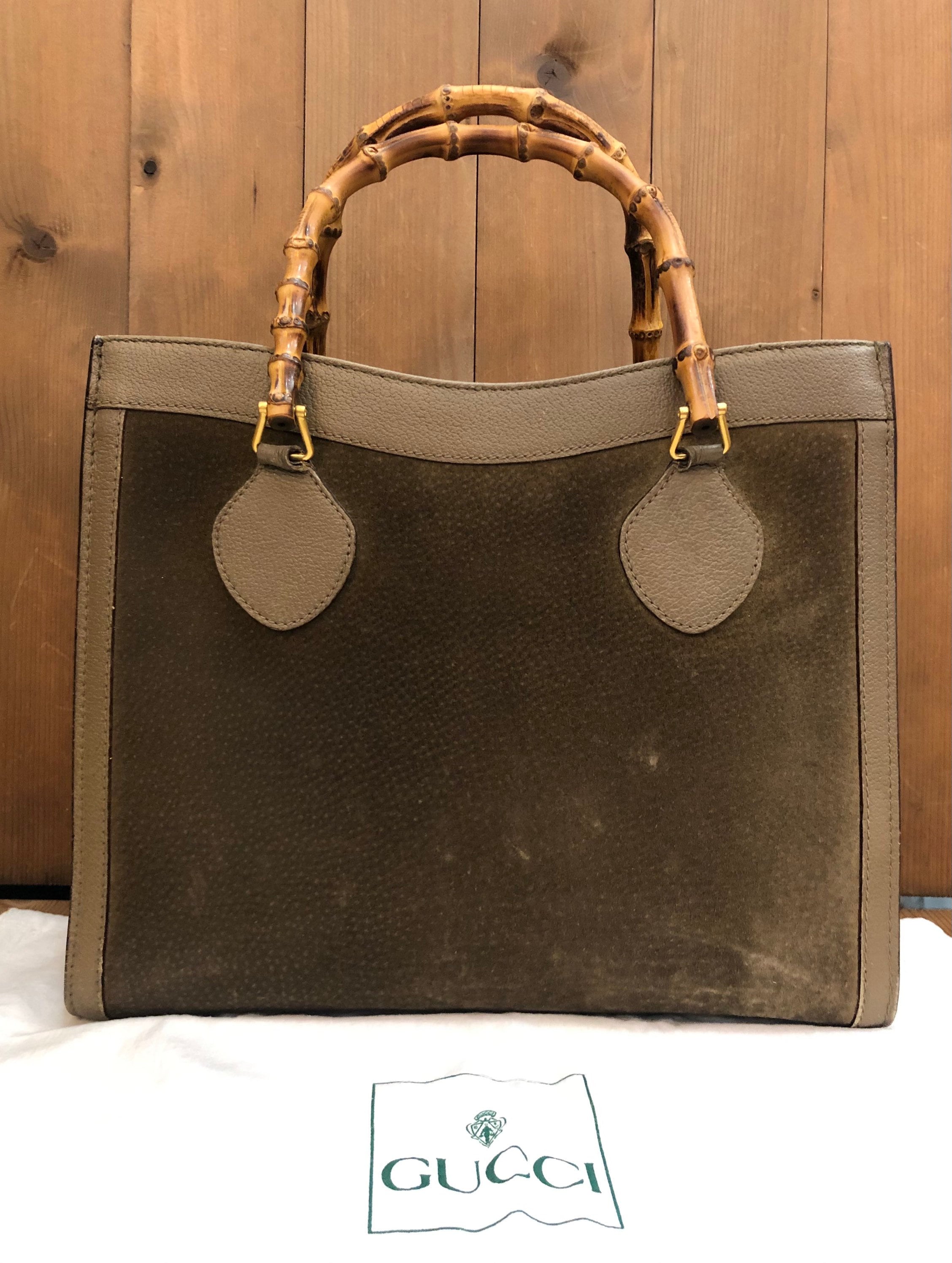 1990s Vintage GUCCI Brown Suede Leather Bamboo Tote Diana Tote Bag (Large)