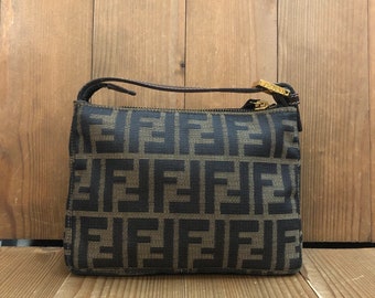 Authentic Vintage FENDI Brown Zucca Jacquard Mini Pouch Bag Gold HW