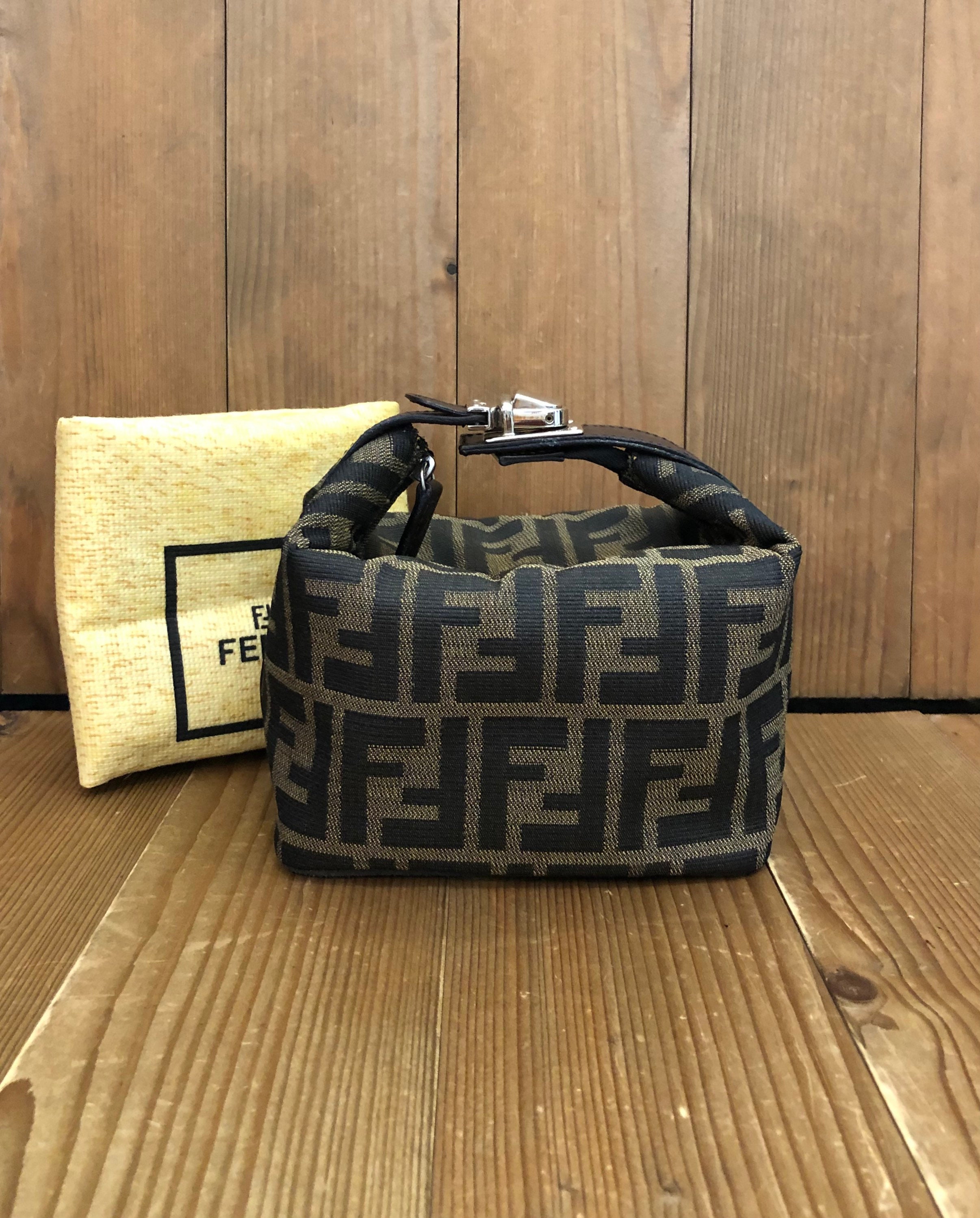 FENDI Vintage Zucca Monogram Logo Tote Bag Zip Brown Nylon RankAB+