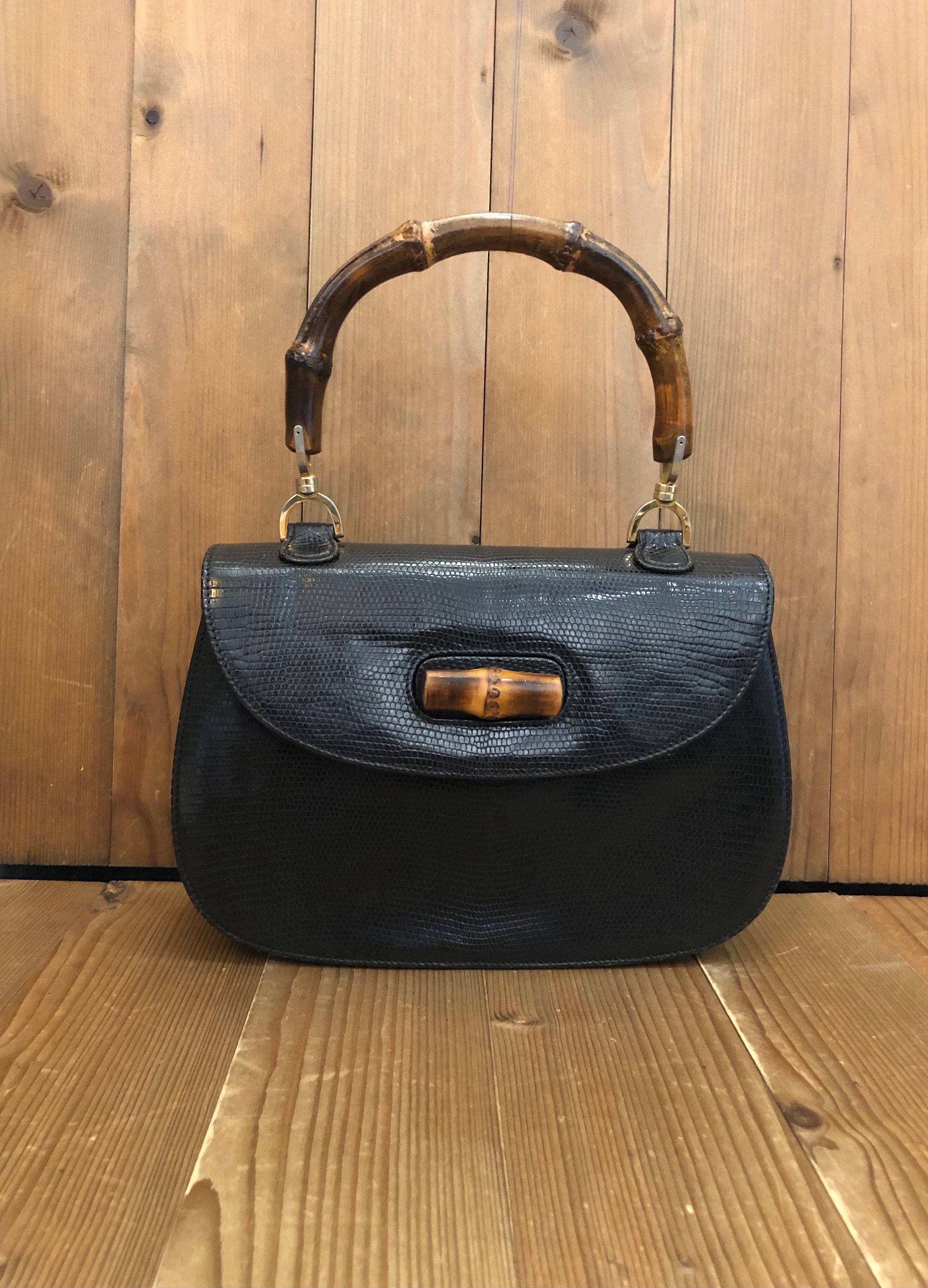 Gucci Vintage Black Leather Bamboo Princess Diana Top Handles Tote