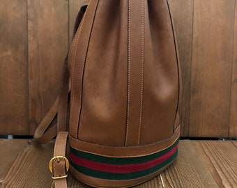 Authentic Vintage GUCCI Web Bucket Shoulder Bag Tan Leather Unisex
