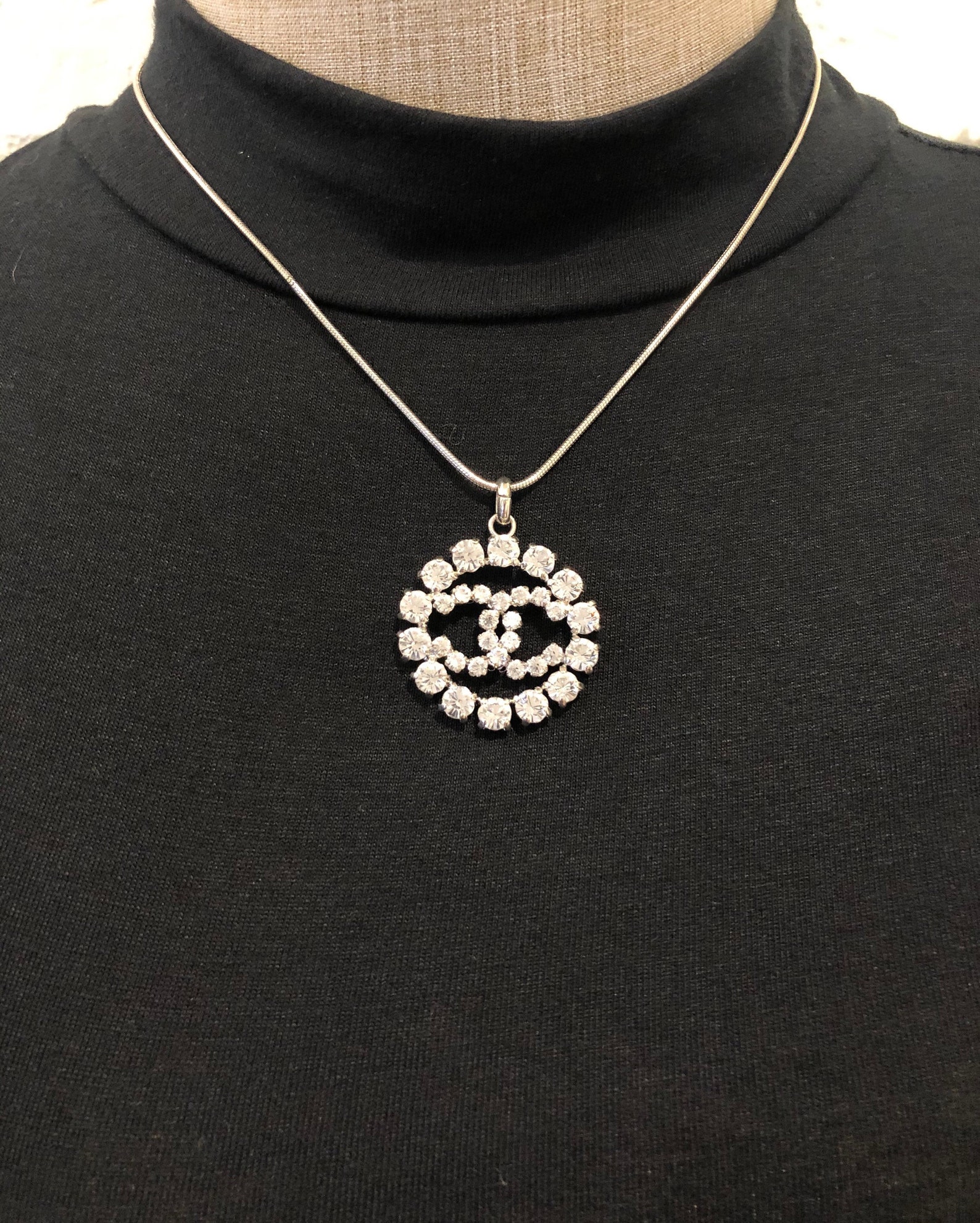 Authentic CHANEL Rhinestone CC Charm Silver Necklace Etsy