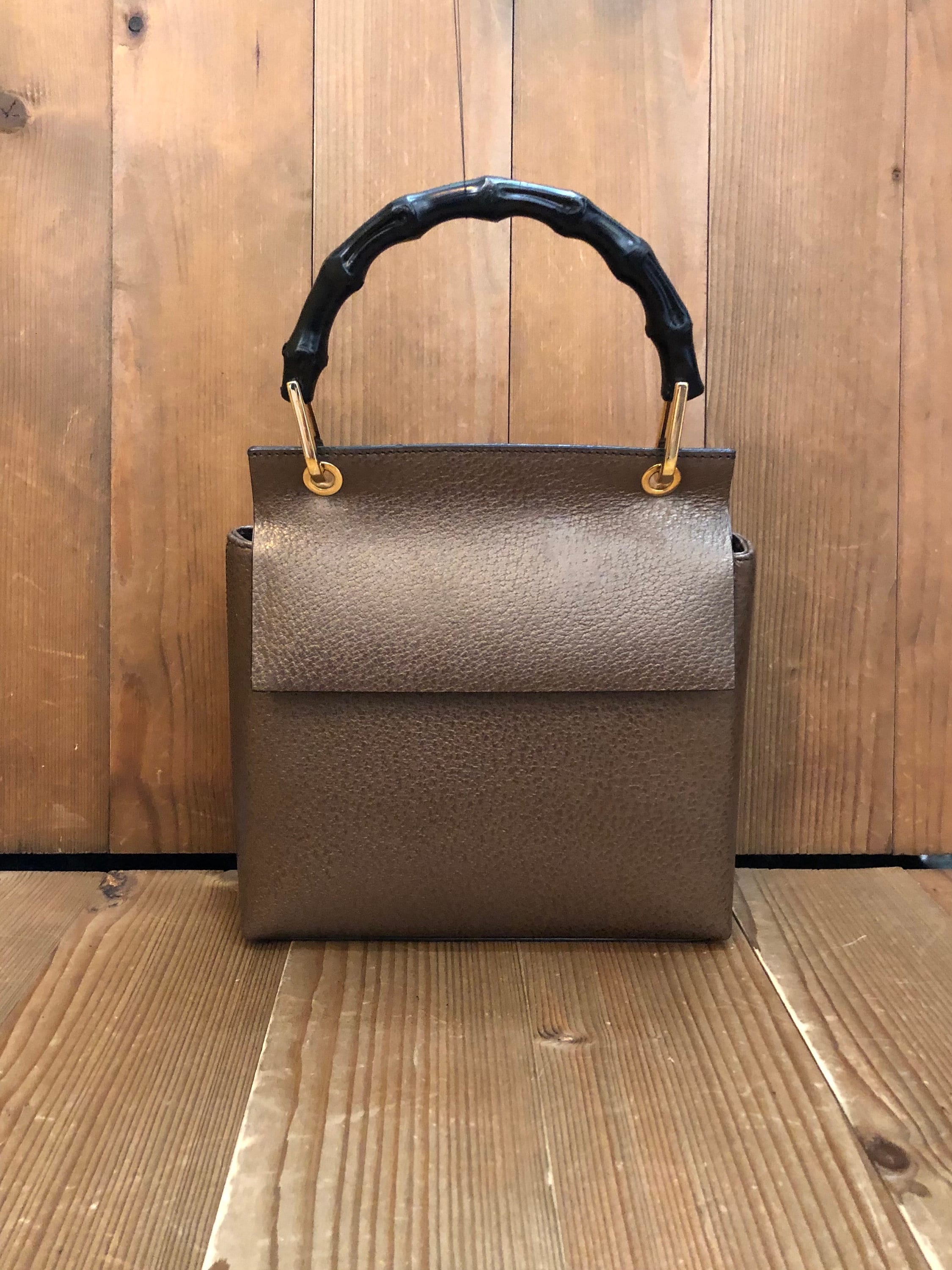 Vintage Gucci Leather Handbag with Carved Wood Handle