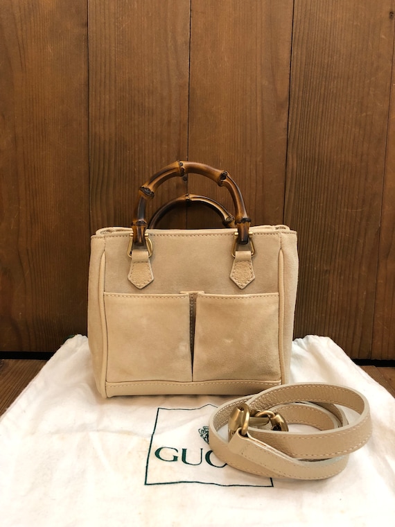 Authentic Vintage GUCCI Beige Suede Leather Bamboo 2-way Mini 