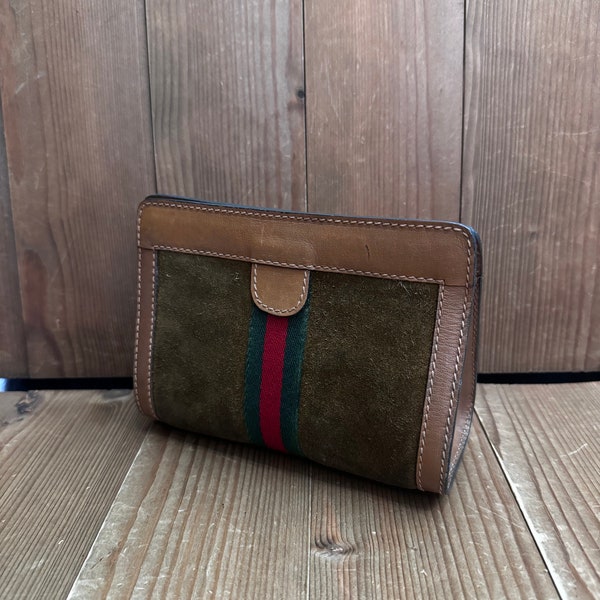 Authentic Vintage GUCCI Web Suede Leather Vanity Clutch Bag Brown