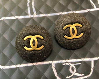 Authentic Vintage CHANEL Gray Stone Gold Plated CC Clip On Earrings