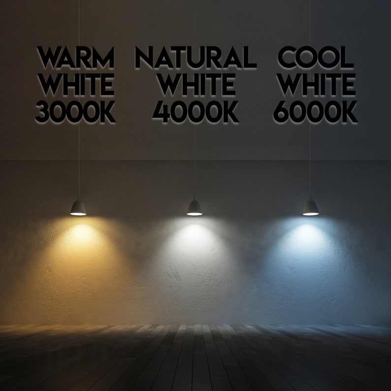 May include: Three light bulbs hanging from the ceiling, each casting a different color of light: warm white (3000K), natural white (4000K), and cool white (6000K).