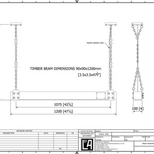 May include: A black and white line drawing of a beam assembly with two chains hanging from the top. The beam is labeled with dimensions in inches and the chains are labeled with dimensions in inches. The drawing is labeled "Beam Assembly LED General Dimensions".