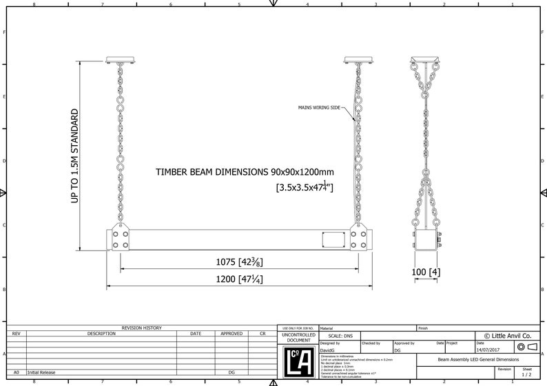 May include: A black and white line drawing of a beam assembly with two chains hanging from the top. The beam is labeled with dimensions in inches and the chains are labeled with dimensions in inches. The drawing is labeled "Beam Assembly LED General Dimensions".