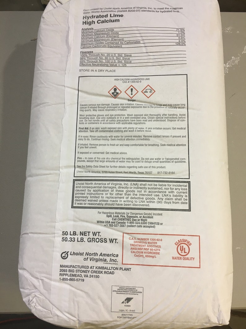 Calcium Hydroxide/Hydrated Lime 99% PURE MIN. 50LB BAG | Etsy
