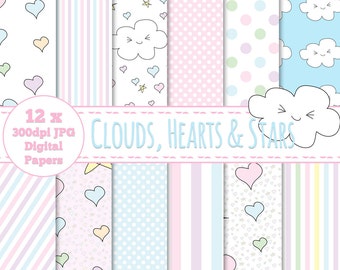 12 x Kawaii Themed Pastel Clouds, Hearts & Stars Digital Papers - Commercial Use, Design, Scrapbooking Crafts 12 x 12" 300dpi