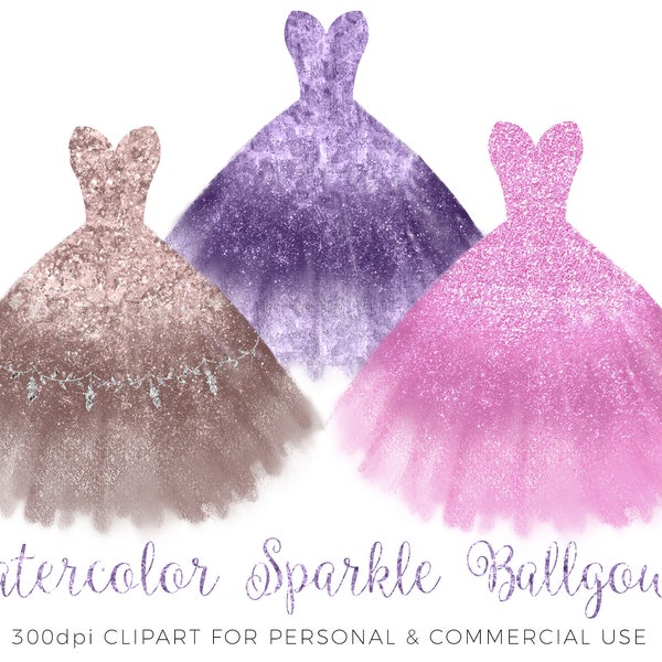 19 x Cute Watercolor Sparkle Ballgown Dress Clip Art images 300dpi JPG and PNG High Res Commercial and Personal Use