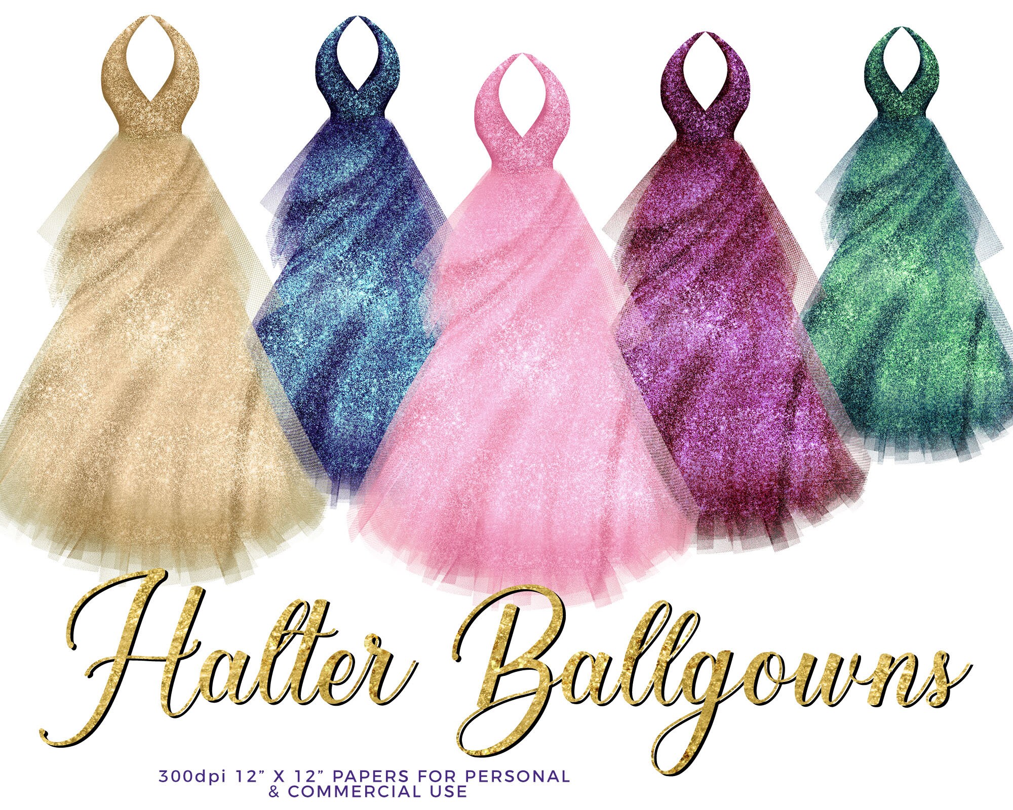 26 X Sparkling Glitter Halter Ballgown Dress Clip Art Images 300dpi Jpg ...
