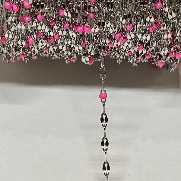 Dainty Dapped Hot Pink Enamel Stainless Steel Chain By The Foot Nickel Free (21388)