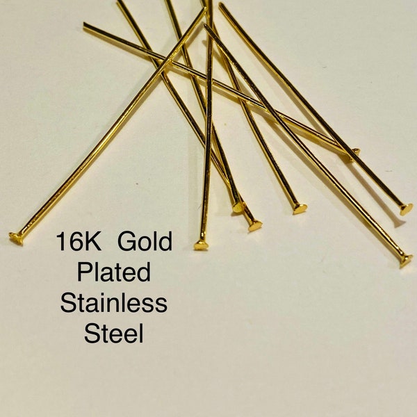 High Quality Flat Head Pins 16K Gold Plated Stainless Steel Nickel Free 40mm 21 Gauge (21103)