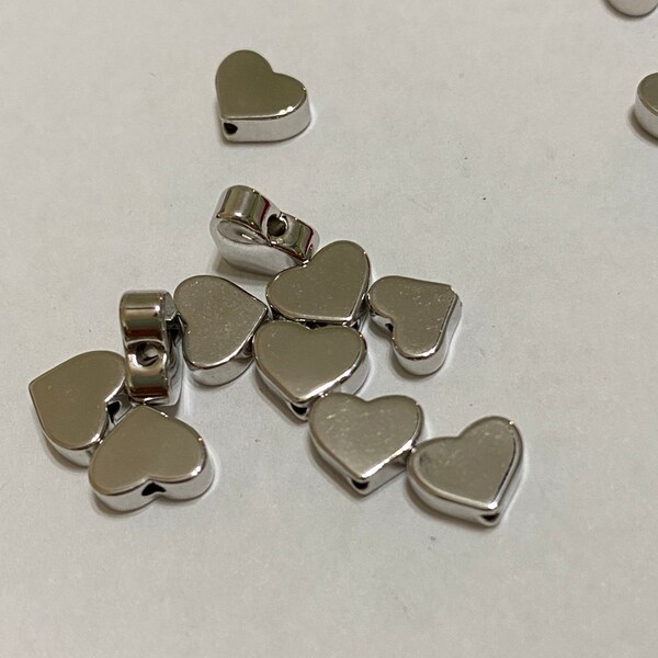 6 Silver Heart Beads 7mm Vertical Hole (20111)