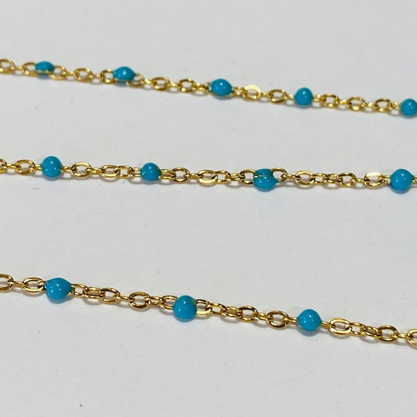 Gold Plated Stainless Steel Turquoise Blue Enamel Satellite Bead Cable Chain By the Foot (21445)